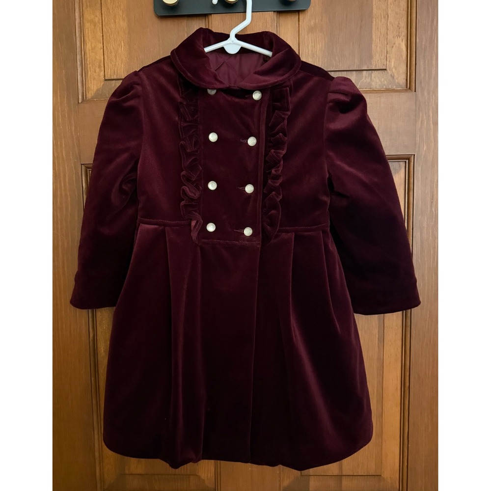 VTG Ellerie Fashions Velvet Coat Girls 4 Burgundy Double Breasted Quilted Lining